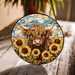 Highland Cow Sunflower Stained Glass Suncatcher, Window Hanging Decoration, Gifts for Grandma, Animal Lovers Gift, Farmhouse Rustic Decor