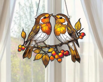 Twin Robin Birds 2D Acrylic Suncatcher, Robin Suncatcher Glass Effect, Robin Christmas Tree Decor, Gift for Bird Lovers, Christmas Gift