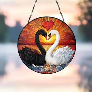Personalized Swans Couple Stained Glass Suncatcher, Black and White Swans Suncatcher, Romantic Window Hanging, Wedding Anniversary Gift