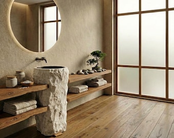 Travertine Pedestal Sink, Special Design Hand-Made Carved Marble Bathroom Sink Natural Stone