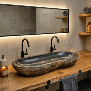 Massive River Stone Sink 35-43", Giant Natural Boulder Trough, Double Vanity Basin
