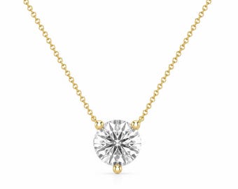 Gold Minimalist Solitaire Necklace | 2.00CT Round Cut Moissanite Pendant Necklace for Women | Everyday Layering Jewelry | Gift for Her