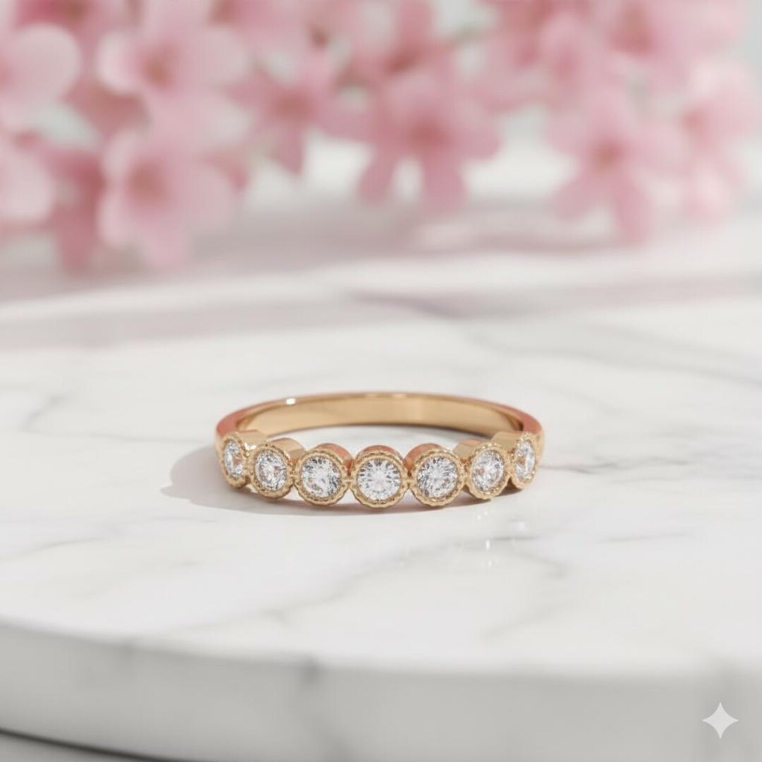 14K Gold Moissanite Half Eternity Band | Bezel Set Dainty Stacking Ring ...