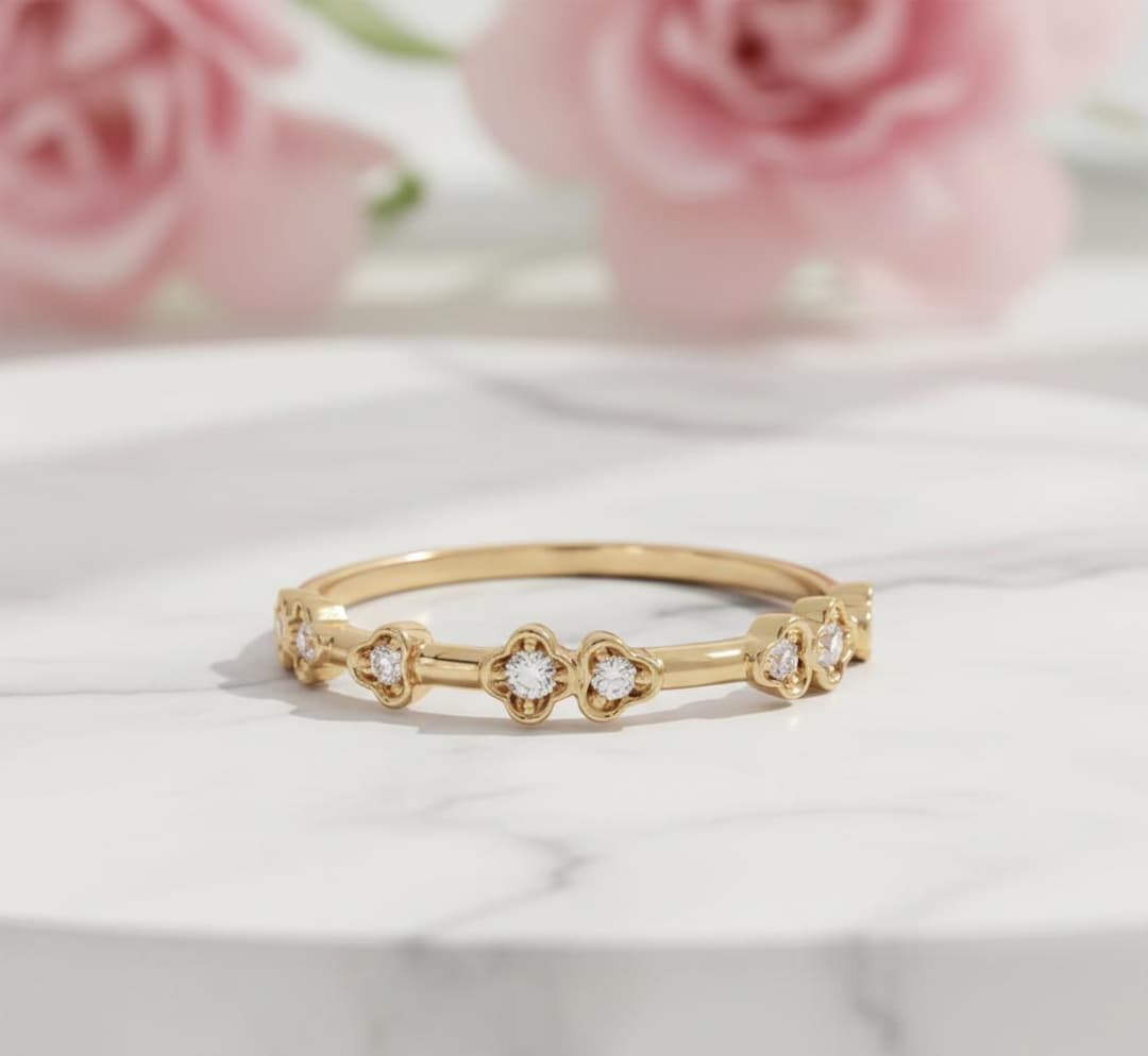 14K Gold Dainty Flower Diamond Ring • Minimalist Stackable Band for ...