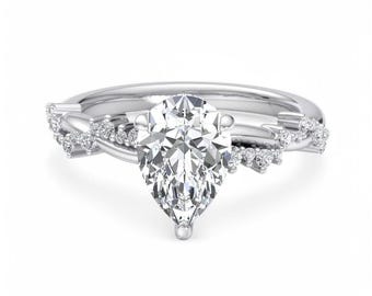 Pear Cut Moissanite Twisted Rose Gold Ring, Delicate Crossover Infinity Shank Promise Rings For Women, Colorless Leaf Engagement Ring