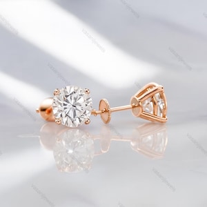 14K Gold Moissanite Stud Earrings | 0.50 CT Round Cut Diamond Studs | Screw Back Solitaire Earrings for Women | Dainty Gold Earrings Gift