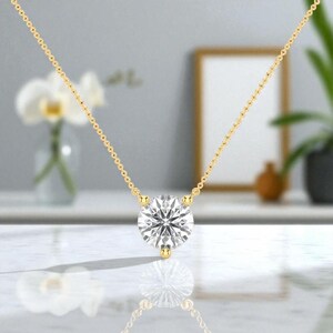 Gold Minimalist Solitaire Necklace | 2.00CT Round Cut Moissanite Pendant Necklace for Women | Everyday Layering Jewelry | Gift for Her