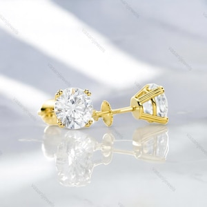 4.00CT Moissanite Stud Earrings – Round Cut Solitaire Yellow Gold Earrings with Screw Back – Classic Dainty Bridal Jewelry Gift for Women