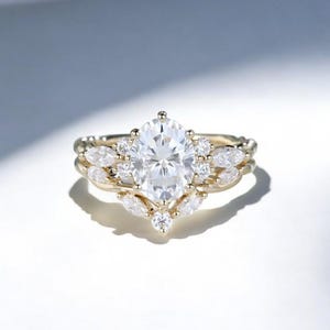 Oval cut Moissanite engagement ring set Yellow gold engagement ring Half eternity Marquise cut vintage ring Bridal ring Promise gift for her