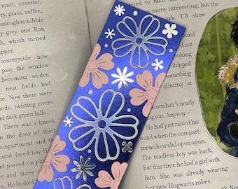 Handmade Blue Metallic Bookmark with Peach Floral Art & Embossed Sleeve