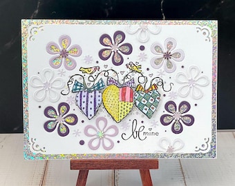 Anniversary Handmade Greeting Card - Whimsical Hearts & Floral Design