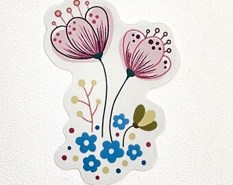 Clear Pink Floral Die Cut Sticker | Botanical Vinyl Decal for Journals, Laptops
