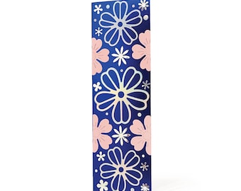Handmade Blue Metallic Bookmark with Peach Floral Art & Embossed Sleeve