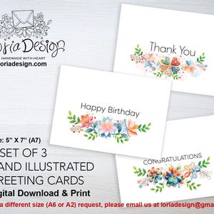 Parabéns / Feliz Aniversário / Obrigado - Conjunto de 3 Cartões de Saudações para Imprimir - Download Digital - Presentes Perfeitos - Cartões para o Dia a Dia