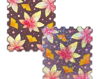 Autumn Leaf Stamp Sticker Set of 2 - Glossy Vinyl & Holographic Finish, Autumn Stationery