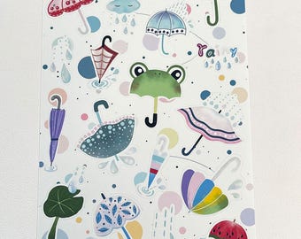 Frog Umbrella Stickers, Hand-Drawn Rainy Day Planner Decals (Water-Resistant Vinyl)