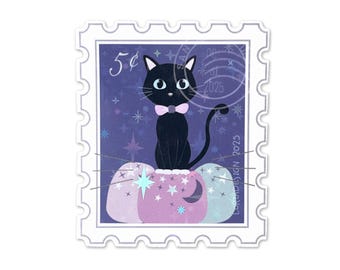 Black Cat Halloween Sticker: Witchy Cat on Pumpkin, Spooky Stationery