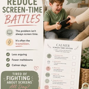 May include: A Calmer Screen Time System chart featuring six steps for screen transitions, including movement, water, snacks, screen time, transition activity, and emotional reset, with checkboxes and text on a white background with sage green accents.