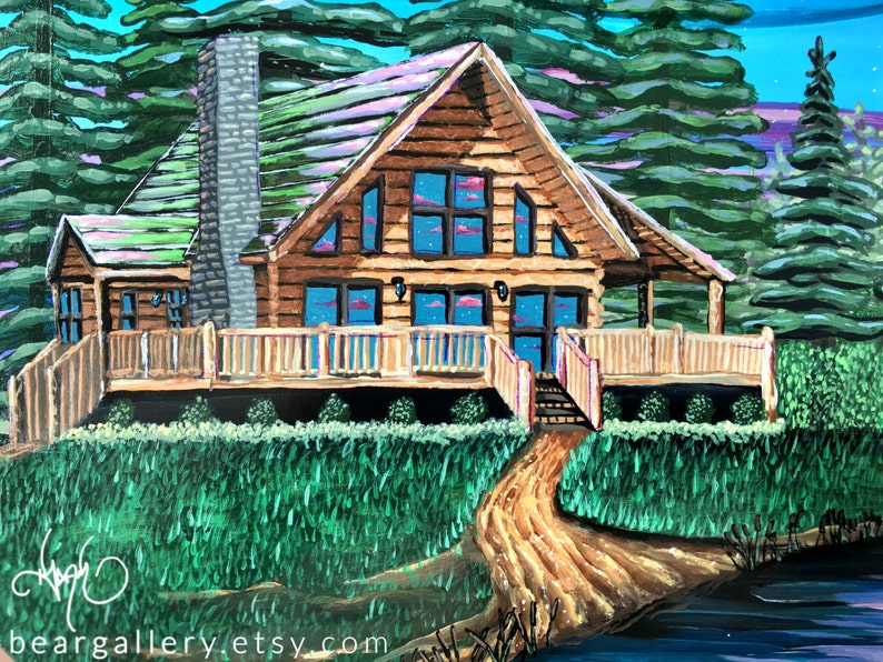 Custom Hand Painted Acoustic Guitar Forest Log Cabin Scenery Etsy