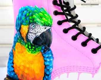 Custom Painted Parrot Doc Martens - Hand Painted Parrot Doc Martens - Custom Boots