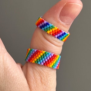 Rainbow Ring, LGBTQ+, Pride, Beaded Handmade Jewelry Gift, Custom Size, Bright Colors