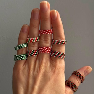 Handmade Beaded Christmas Ring in Red, Green, Gold & Silver