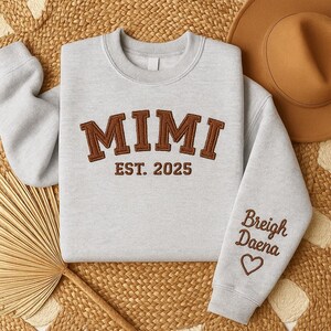 Mimi Embroidered Sweatshirt, Custom Kids Name on Sleeve Sweatshirt, Mom Est Year Crewneck Sweatshirt, Nana Sweater, Mothers Day Gift For Mom