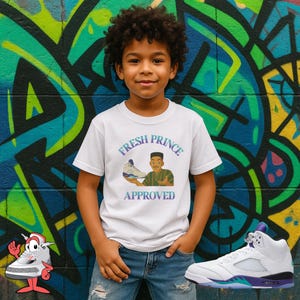 Dziecięca dopasowana koszulka do Air Jordan Retro 5 Grape Sneaker Match Tee Fresh Prince Approved 90s T Shirt Nike Back to School Streetwear Clothing