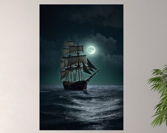 May include: A black and white image of a tall ship sailing on a dark, choppy sea under a full moon.