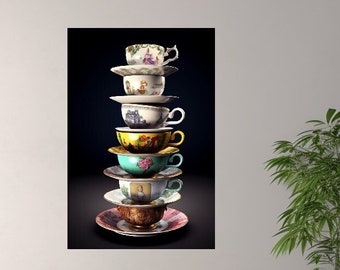 Stacked Teacups Alice in Wonderland themed Kitchen Art POD- Wall Art - Instant Download