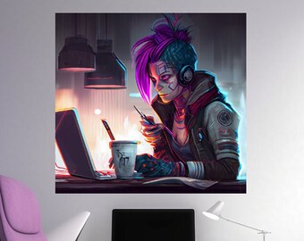 Cyberborg Gamer Girl High Tech Neon- Game Room Wall Art - Instant Download