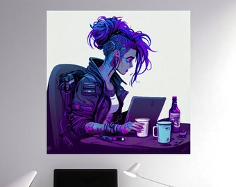 Cyber Gamer Girl High Tech Neon- Game Room Wall Art - Instant Download