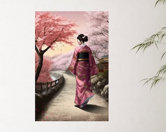 Japanese Geisha walking under Cherry Blossoms - Wall Art - Instant Download