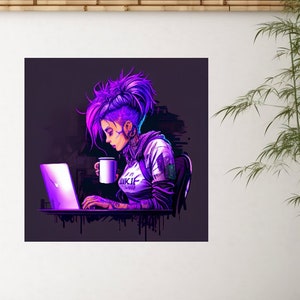 May include: A digital illustration of a woman with purple hair and a mohawk, wearing a black jacket and a white shirt with the text "UNKIF" on it. She is sitting at a desk, using a laptop and holding a cup of coffee.