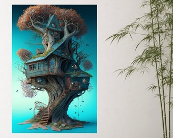 Magical Fantasy Treehouse in a twisted Tree - Wall Art - Digital Instant Download