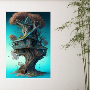 Magical Fantasy Treehouse in a twisted Tree - Wall Art - Digital Instant Download