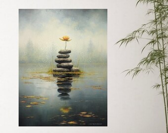 River Rock Stack - Zen Reflections: Still Waters, Calm Mind - Wall Art - Instant Download