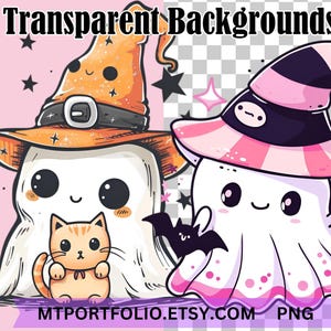 May include: Two cute cartoon ghosts wearing witch hats. One ghost is holding a small orange cat. The ghosts are on a pink background with stars. The text "Transparent Backgrounds" is at the top of the image. The text "MTPORTFOLIO.ETSY.COM PNG" is at the bottom of the image.