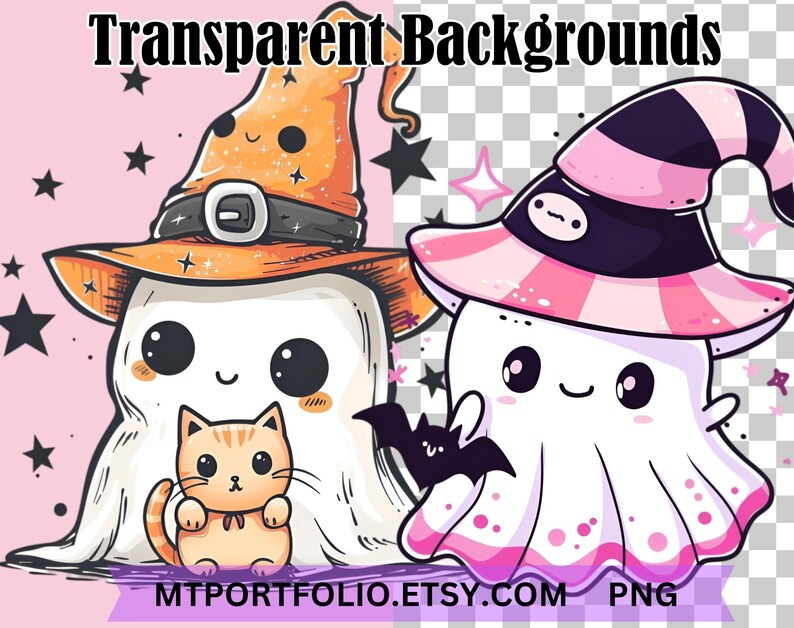 May include: Two cute cartoon ghosts wearing witch hats. One ghost is holding a small orange cat. The ghosts are on a pink background with stars. The text "Transparent Backgrounds" is at the top of the image. The text "MTPORTFOLIO.ETSY.COM PNG" is at the bottom of the image.