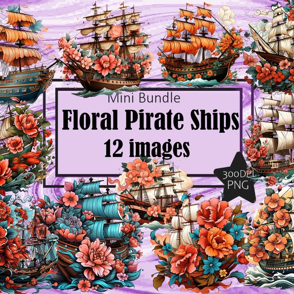 Tattoo Style Pirate Ship Floral Flash Art Fantasy Boat ClipArt Dye Sublimation Bundle  Junk Journal Scrapbook PNG File Transparent Download