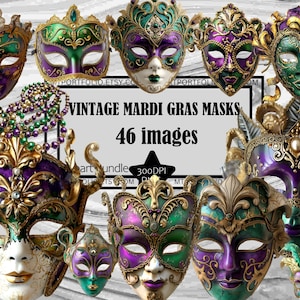 Masque de Mardi Gras PNG vintage mascarade masque graphique commercial téléchargement numérique sublimation indésirable journal violet or vert La Nouvelle-Orléans