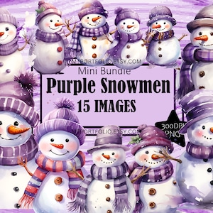 紫色のスカーフ帽子をかぶった雪だるま 水彩画 冬 PNG アート クリップアート グラフィック 昇華バンドル ジャンクジャーナル スクラップブック ファイル 透明 ダウンロード