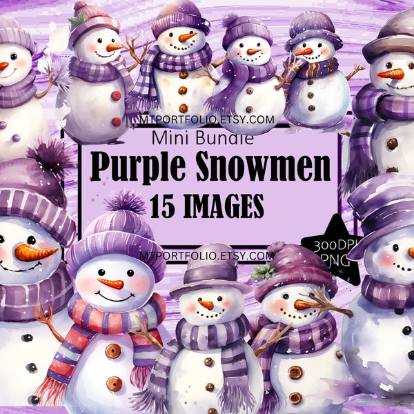 Snowmen in Purple Scarf Hat Watercolor Winter PNG Art Clipart Graphics Sublimation Bundle Junk Journal Scrapbook File Transparent Download