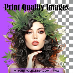 May include: A digital illustration of a woman with long, dark hair and a crown of green leaves. Her eyes are blue, and she is wearing red lipstick. The background is a purple gradient.