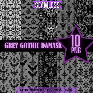 May include: Ten seamless digital paper patterns in black and gray with a gothic damask design and bats. The patterns are perfect for scrapbooking, card making, and other crafting projects.