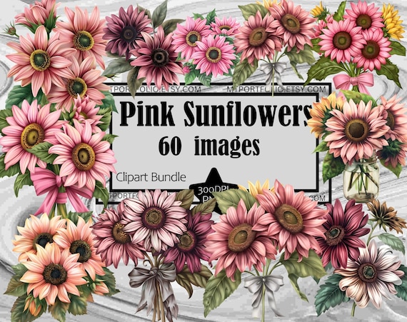 Pink Sunflower Clipart Flower Arrangement PNG Bundle PNG Graphics Transparent Commercial Use Digital Download Sublimation Journal