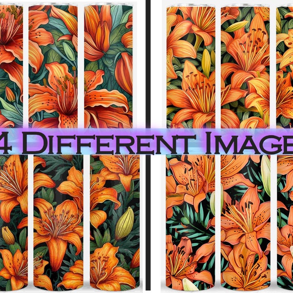 Orange Tiger lillies lily Seamless 3d 20oz Skinny Tumbler Sublimation Design Digital PNG Wrap Waterslide Download Bundle 4 Pack PNG 300DPI