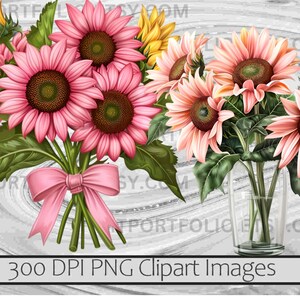K&ouml;nnte beinhalten: Ein Strau&szlig; rosa Sonnenblumen mit gr&uuml;nen Bl&auml;ttern, gebunden mit einem rosa Band. Die Sonnenblumen stehen in einer durchsichtigen Glasvase auf wei&szlig;em Hintergrund.
