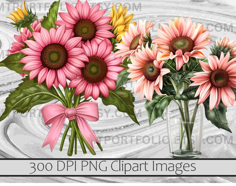 K&ouml;nnte beinhalten: Ein Strau&szlig; rosa Sonnenblumen mit gr&uuml;nen Bl&auml;ttern, gebunden mit einem rosa Band. Die Sonnenblumen stehen in einer durchsichtigen Glasvase auf wei&szlig;em Hintergrund.