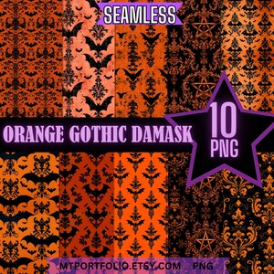 May include: Ten digital papers featuring a seamless orange and black gothic damask pattern with bats and pentagrams.  The text "SEAMLESS" and "ORANGE GOTHIC DAMASK" are visible in the image.  The text "10 PNG" is visible in a purple star.